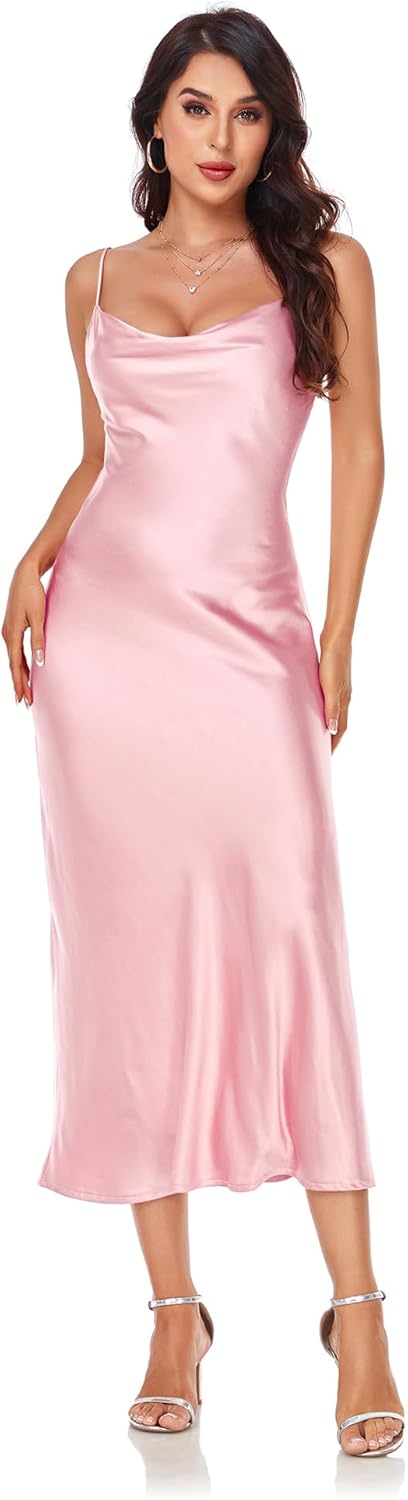 Women's Spaghetti Strap Midi Satin Silk Dresses Slip Cowl Neck Party Cocktail Evening Sexy Dress - Image 18