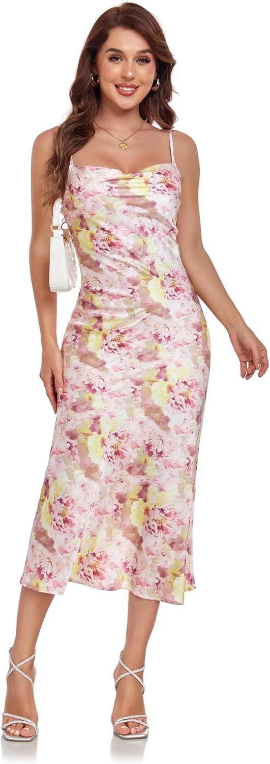 Women's Spaghetti Strap Midi Satin Silk Dresses Slip Cowl Neck Party Cocktail Evening Sexy Dress - Image 41