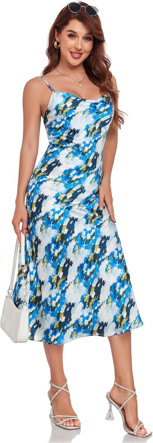 Women's Spaghetti Strap Midi Satin Silk Dresses Slip Cowl Neck Party Cocktail Evening Sexy Dress - Image 34