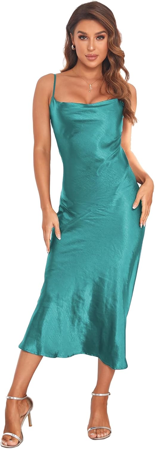 Women's Spaghetti Strap Midi Satin Silk Dresses Slip Cowl Neck Party Cocktail Evening Sexy Dress - Image 28