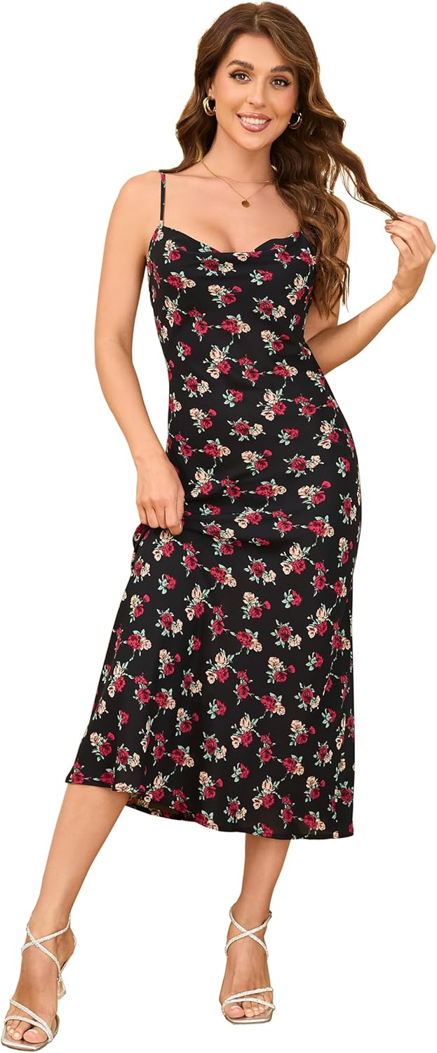 Women's Spaghetti Strap Midi Satin Silk Dresses Slip Cowl Neck Party Cocktail Evening Sexy Dress - Image 14