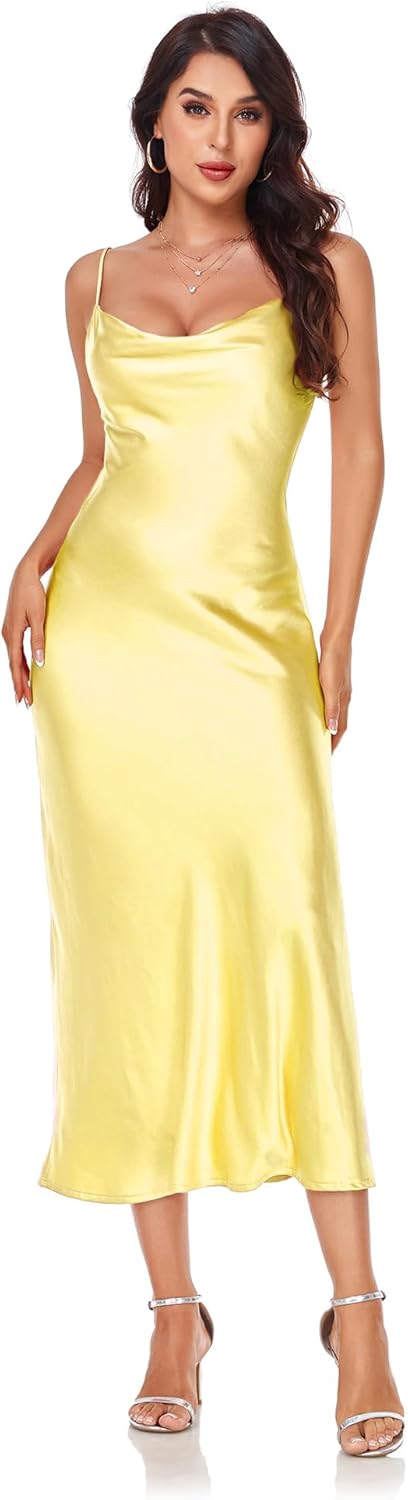 Women's Spaghetti Strap Midi Satin Silk Dresses Slip Cowl Neck Party Cocktail Evening Sexy Dress - Image 35