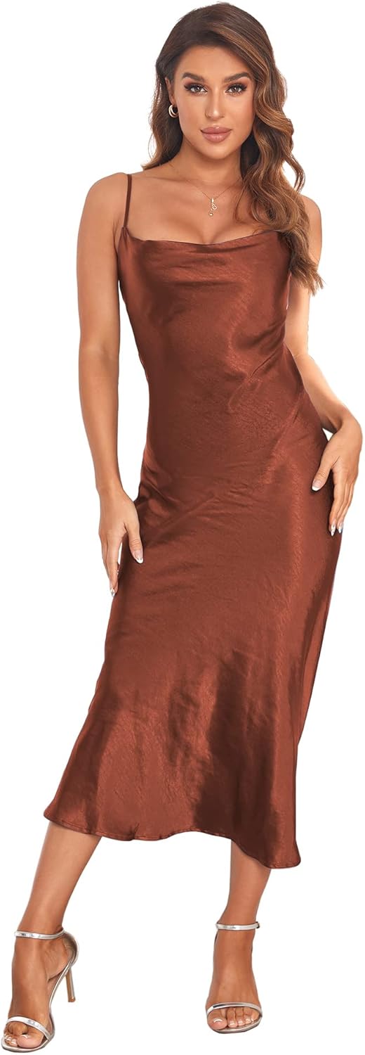 Women's Spaghetti Strap Midi Satin Silk Dresses Slip Cowl Neck Party Cocktail Evening Sexy Dress - Image 36