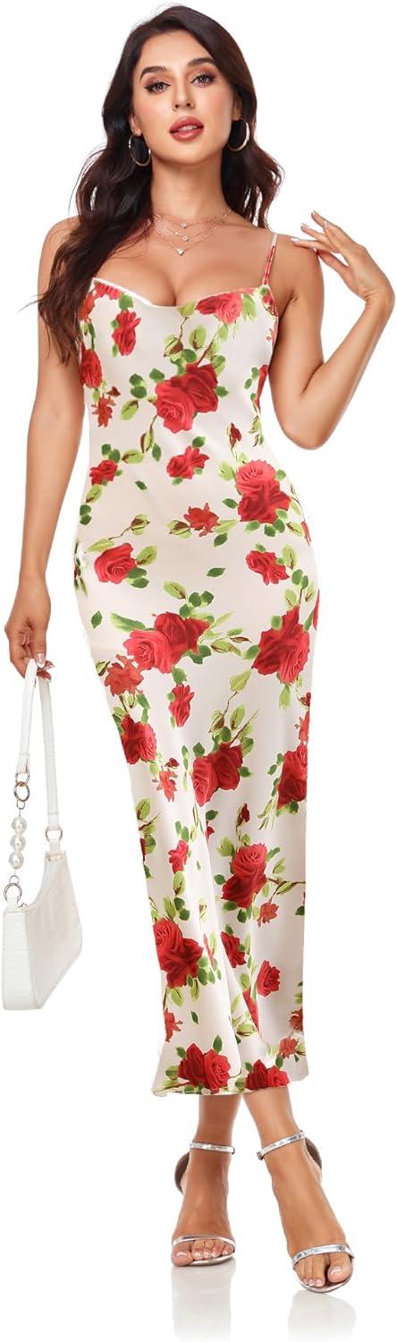 Women's Spaghetti Strap Midi Satin Silk Dresses Slip Cowl Neck Party Cocktail Evening Sexy Dress - Image 47