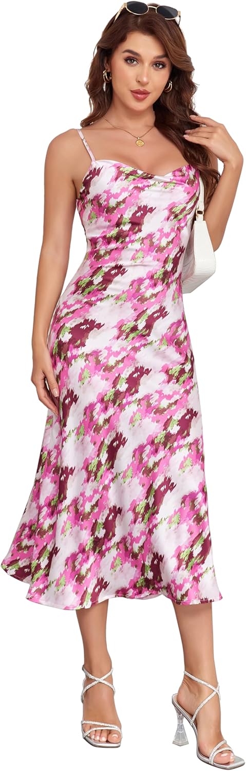 Women's Spaghetti Strap Midi Satin Silk Dresses Slip Cowl Neck Party Cocktail Evening Sexy Dress - Image 21