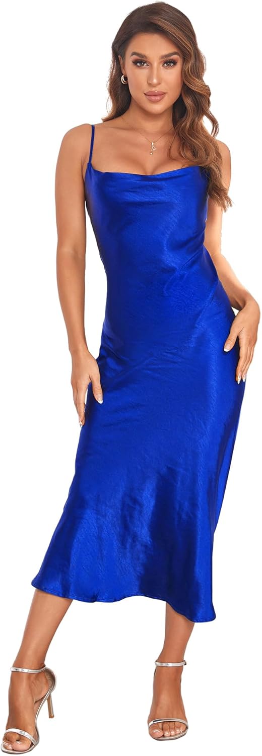 Women's Spaghetti Strap Midi Satin Silk Dresses Slip Cowl Neck Party Cocktail Evening Sexy Dress - Image 24