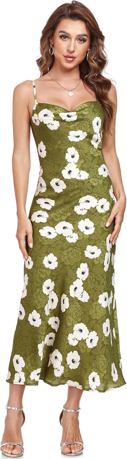 Women's Spaghetti Strap Midi Satin Silk Dresses Slip Cowl Neck Party Cocktail Evening Sexy Dress - Image 38