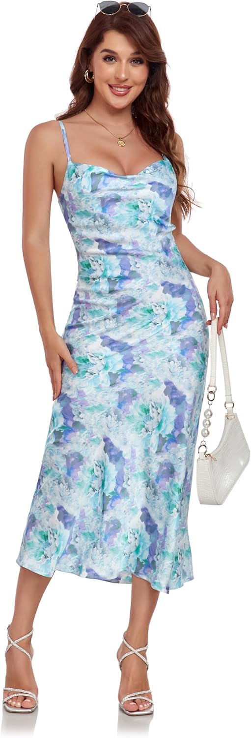 Women's Spaghetti Strap Midi Satin Silk Dresses Slip Cowl Neck Party Cocktail Evening Sexy Dress - Image 16