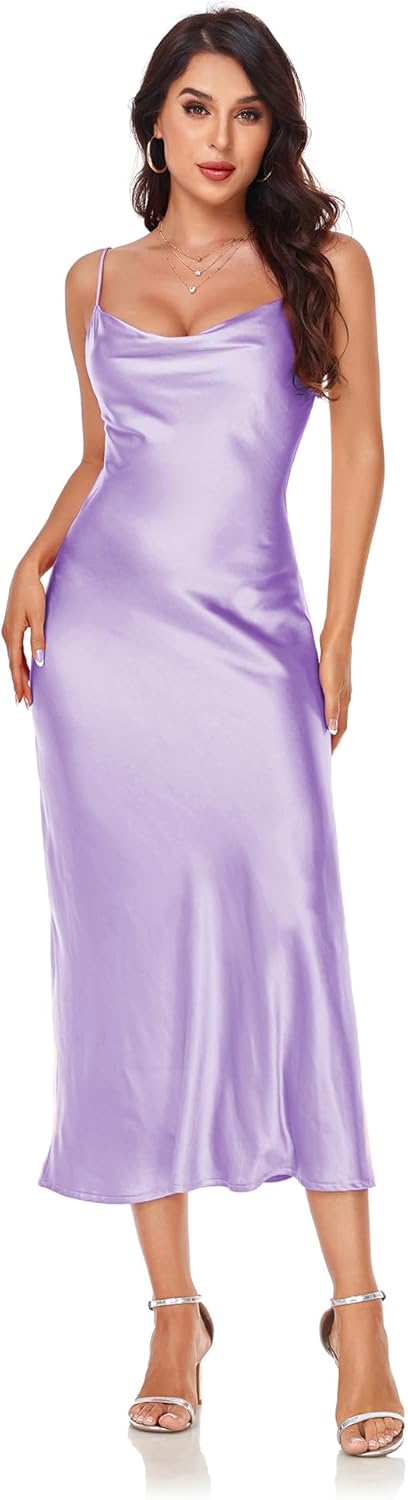 Women's Spaghetti Strap Midi Satin Silk Dresses Slip Cowl Neck Party Cocktail Evening Sexy Dress - Image 10