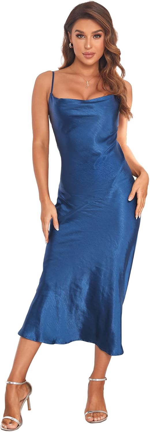 Women's Spaghetti Strap Midi Satin Silk Dresses Slip Cowl Neck Party Cocktail Evening Sexy Dress - Image 13