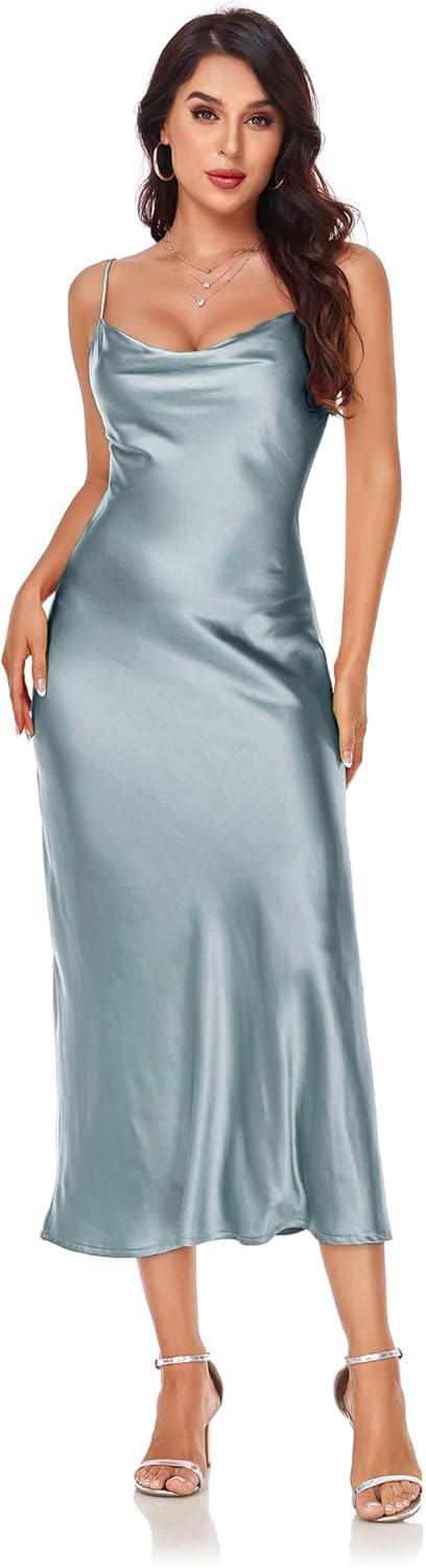 Women's Spaghetti Strap Midi Satin Silk Dresses Slip Cowl Neck Party Cocktail Evening Sexy Dress - Image 9