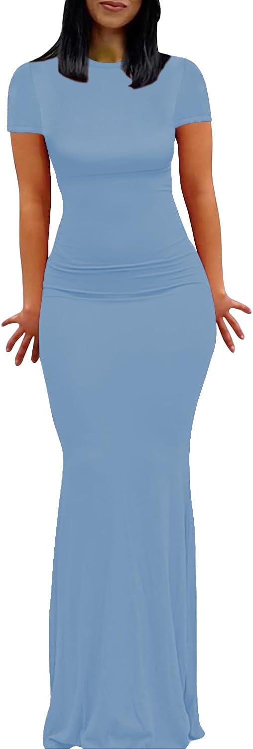 Womens Summer Cap Sleeve Square Neck Elegant Casual Lounge Bodycon Slim Maxi Evening Party Long Dress - Image 21