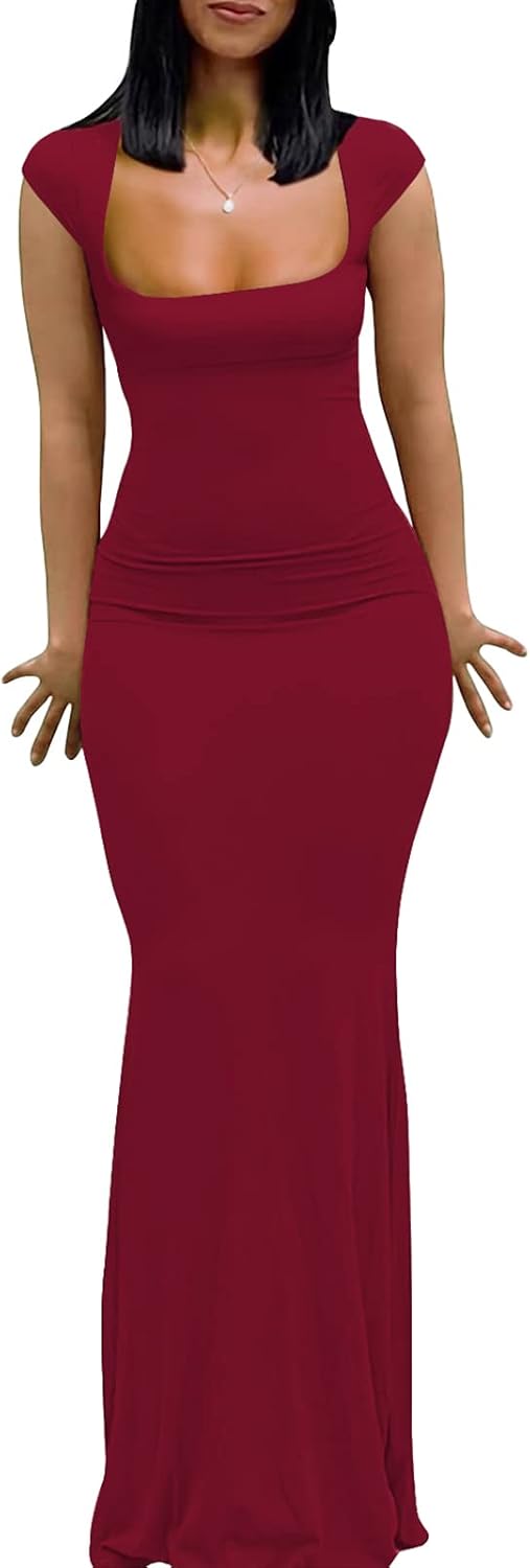 Womens Summer Cap Sleeve Square Neck Elegant Casual Lounge Bodycon Slim Maxi Evening Party Long Dress - Image 24