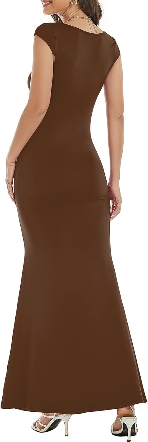 Womens Summer Cap Sleeve Square Neck Elegant Casual Lounge Bodycon Slim Maxi Evening Party Long Dress - Image 7