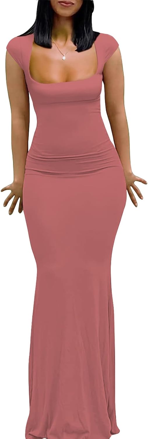 Womens Summer Cap Sleeve Square Neck Elegant Casual Lounge Bodycon Slim Maxi Evening Party Long Dress - Image 19