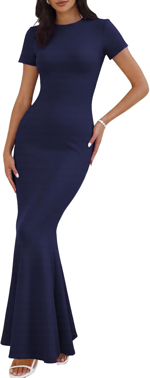 Womens Summer Cap Sleeve Square Neck Elegant Casual Lounge Bodycon Slim Maxi Evening Party Long Dress - Image 16