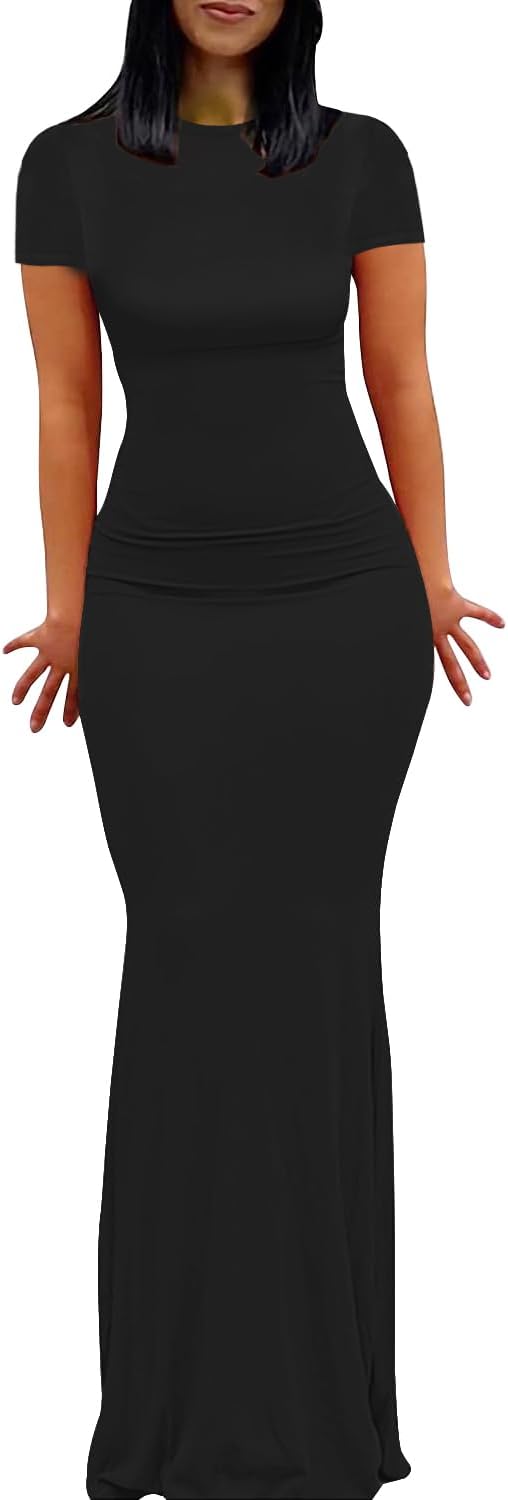 Womens Summer Cap Sleeve Square Neck Elegant Casual Lounge Bodycon Slim Maxi Evening Party Long Dress - Image 9