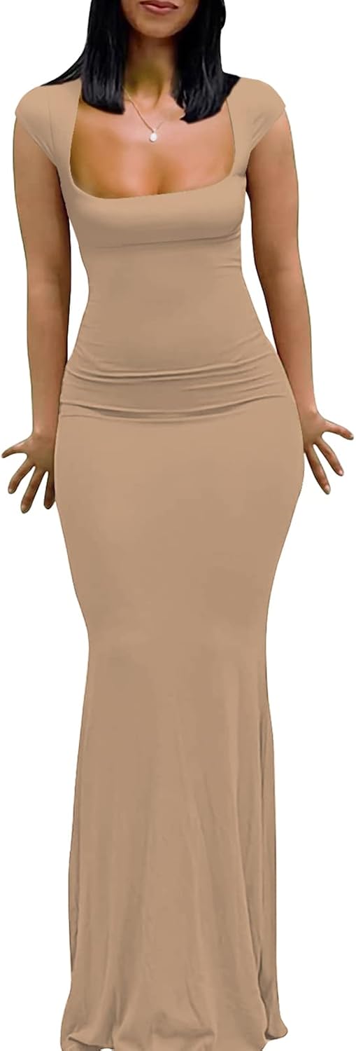 Womens Summer Cap Sleeve Square Neck Elegant Casual Lounge Bodycon Slim Maxi Evening Party Long Dress - Image 18