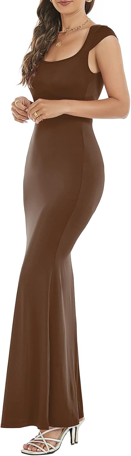 Womens Summer Cap Sleeve Square Neck Elegant Casual Lounge Bodycon Slim Maxi Evening Party Long Dress - Image 5