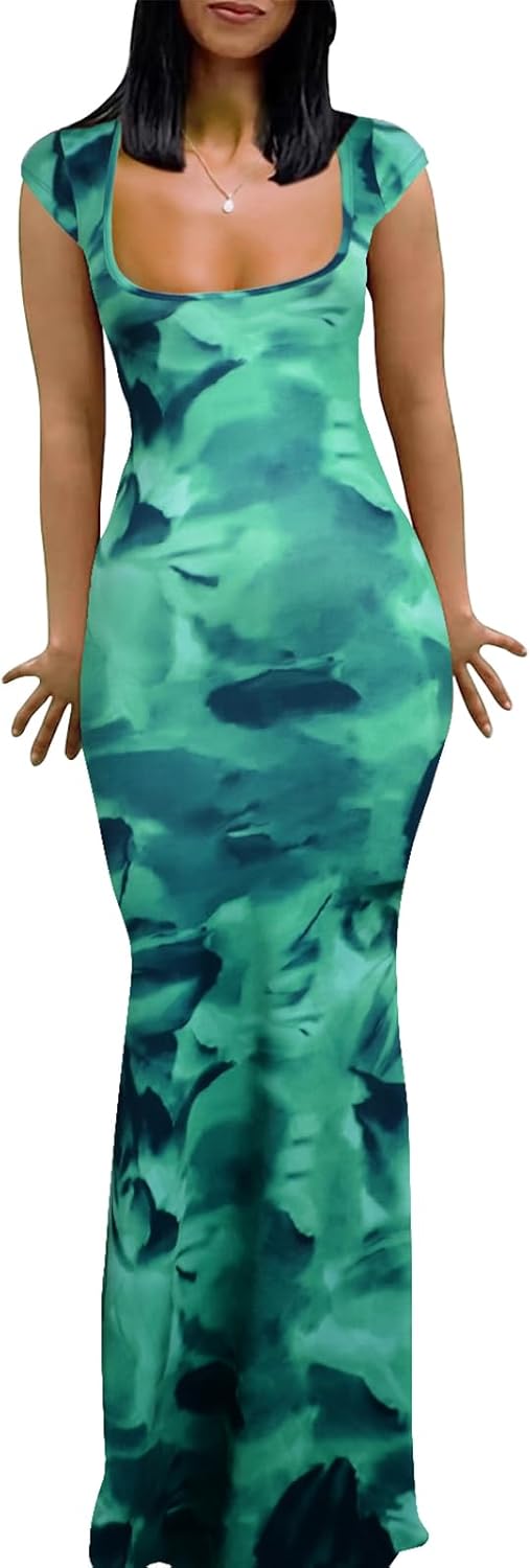 Womens Summer Cap Sleeve Square Neck Elegant Casual Lounge Bodycon Slim Maxi Evening Party Long Dress - Image 12