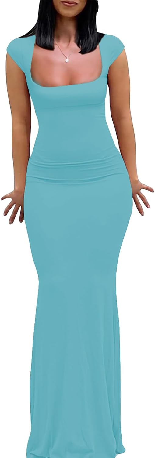 Womens Summer Cap Sleeve Square Neck Elegant Casual Lounge Bodycon Slim Maxi Evening Party Long Dress - Image 11