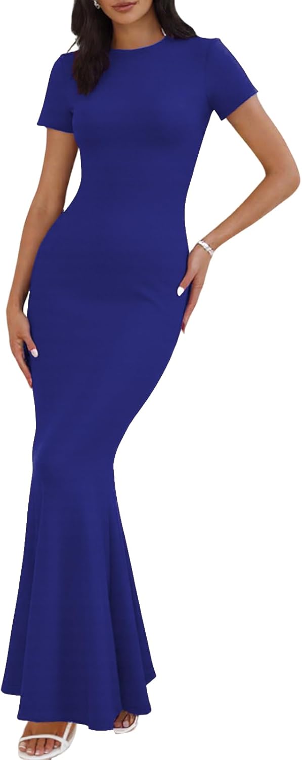 Womens Summer Cap Sleeve Square Neck Elegant Casual Lounge Bodycon Slim Maxi Evening Party Long Dress - Image 20