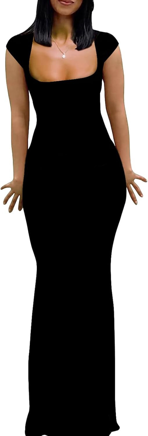 Womens Summer Cap Sleeve Square Neck Elegant Casual Lounge Bodycon Slim Maxi Evening Party Long Dress - Image 8