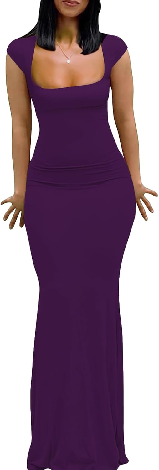 Womens Summer Cap Sleeve Square Neck Elegant Casual Lounge Bodycon Slim Maxi Evening Party Long Dress - Image 10