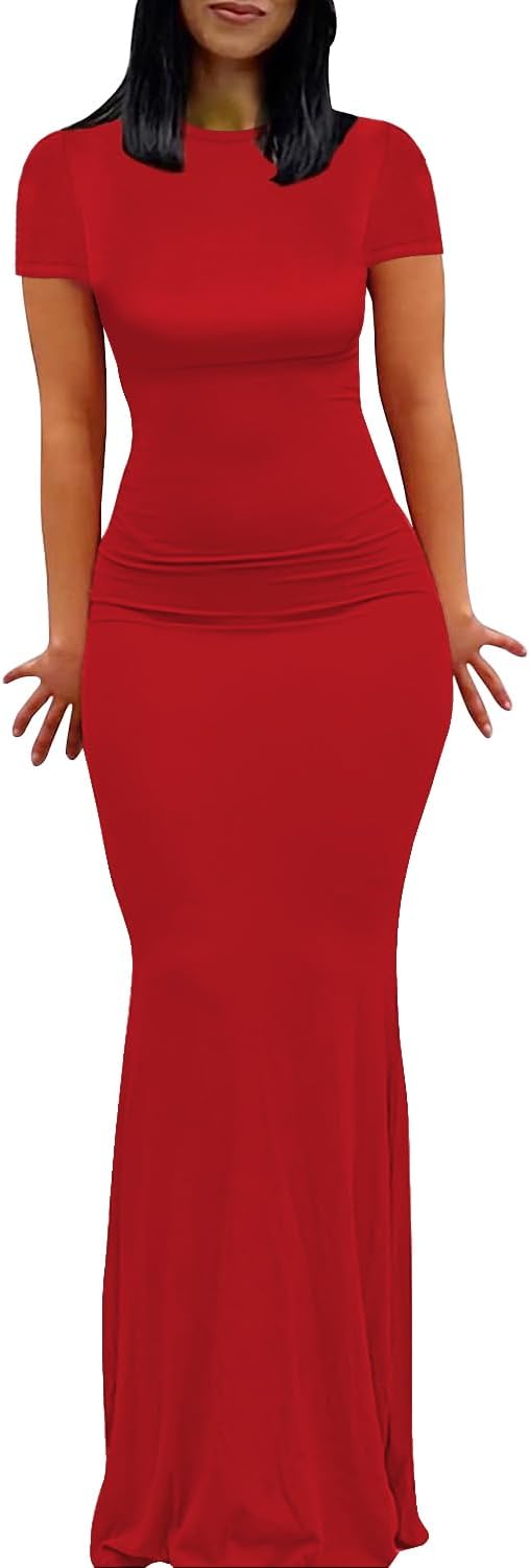 Womens Summer Cap Sleeve Square Neck Elegant Casual Lounge Bodycon Slim Maxi Evening Party Long Dress - Image 13