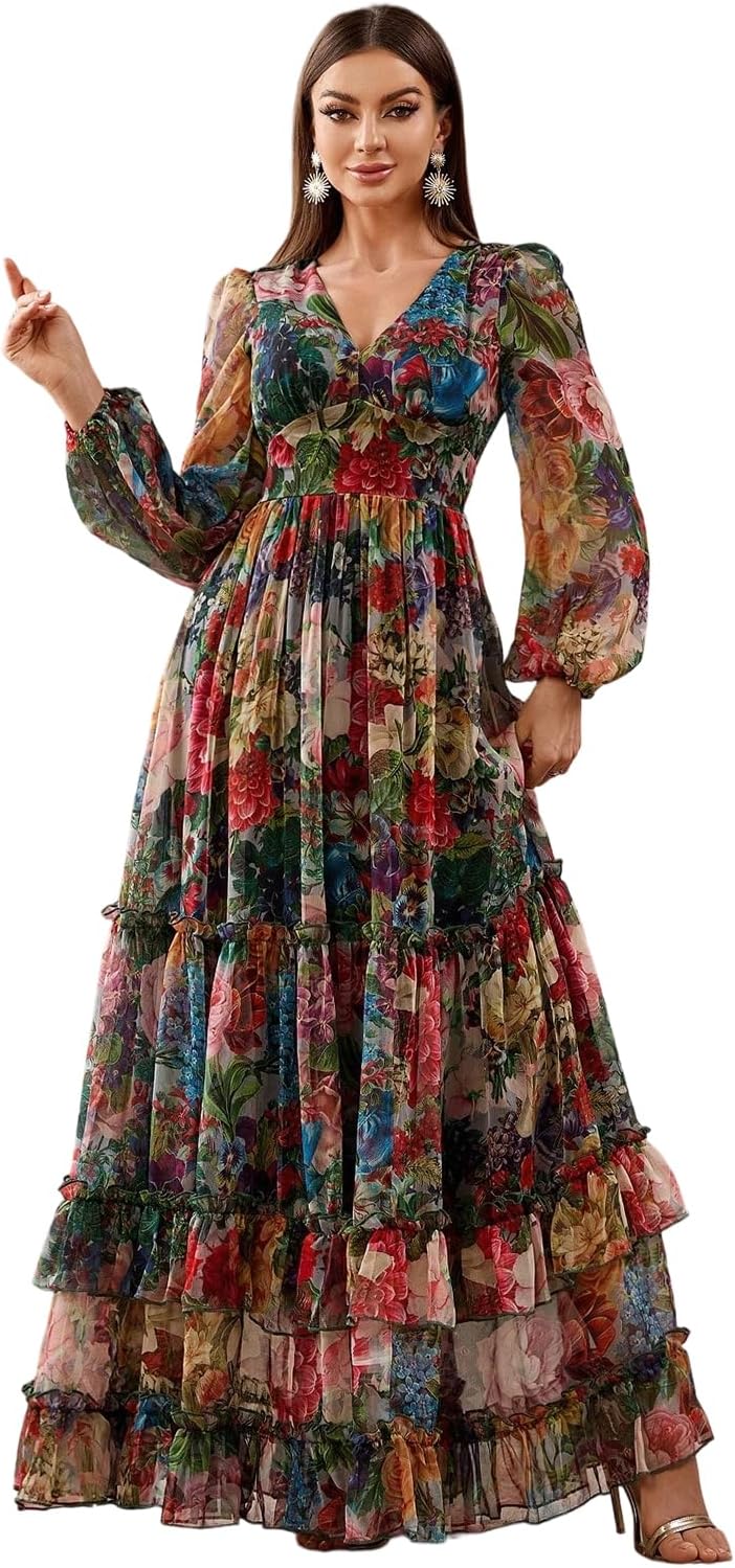 Womens Summer Dresses,Floral Patterns Vintage Elegant Cocktail Long Sleeve Boho Casual Maxi Wedding Guest Dresses for Women - Image 15