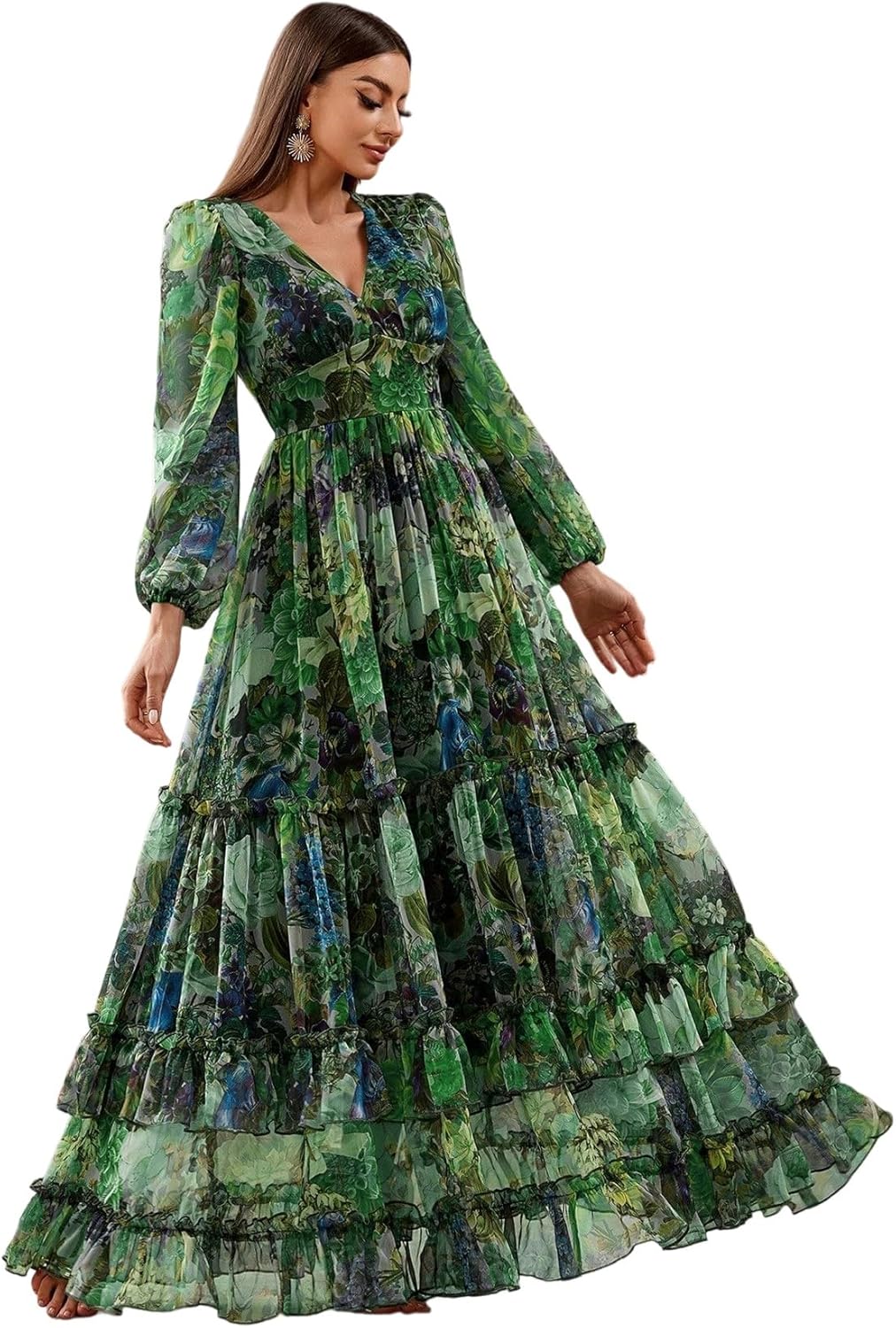 Womens Summer Dresses,Floral Patterns Vintage Elegant Cocktail Long Sleeve Boho Casual Maxi Wedding Guest Dresses for Women - Image 8