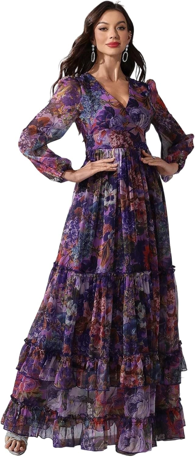 Womens Summer Dresses,Floral Patterns Vintage Elegant Cocktail Long Sleeve Boho Casual Maxi Wedding Guest Dresses for Women - Image 12