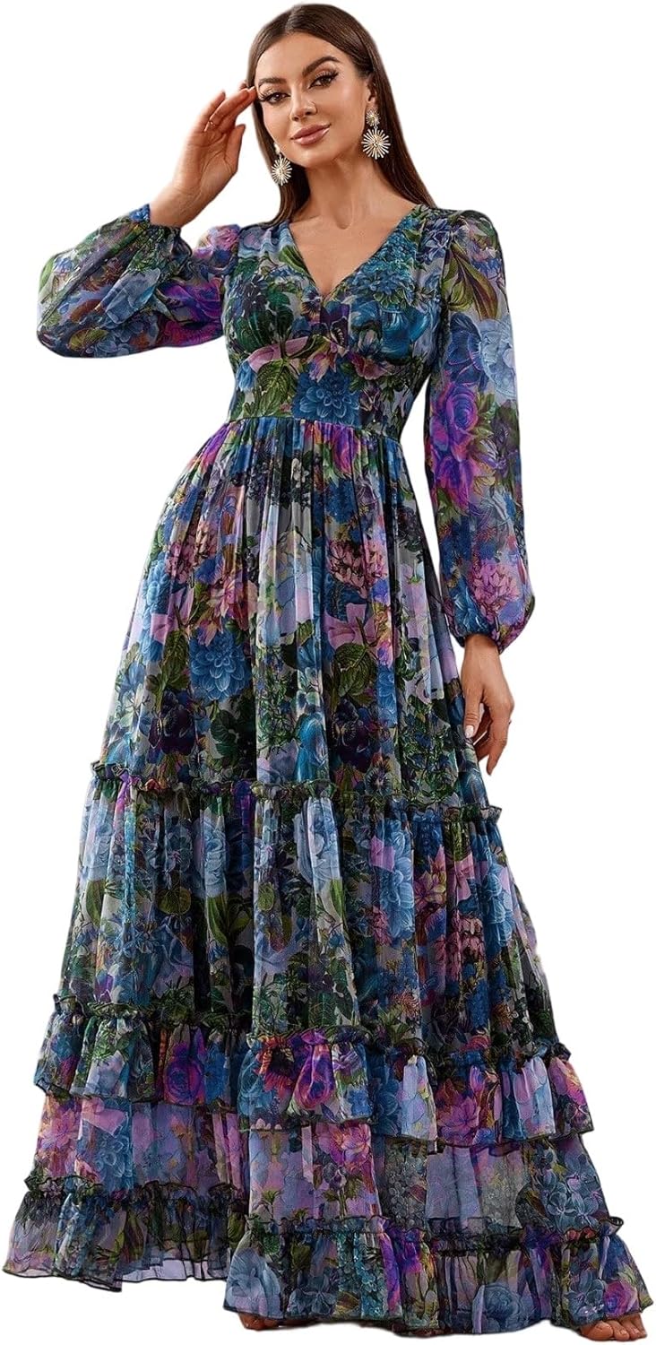 Womens Summer Dresses,Floral Patterns Vintage Elegant Cocktail Long Sleeve Boho Casual Maxi Wedding Guest Dresses for Women - Image 14