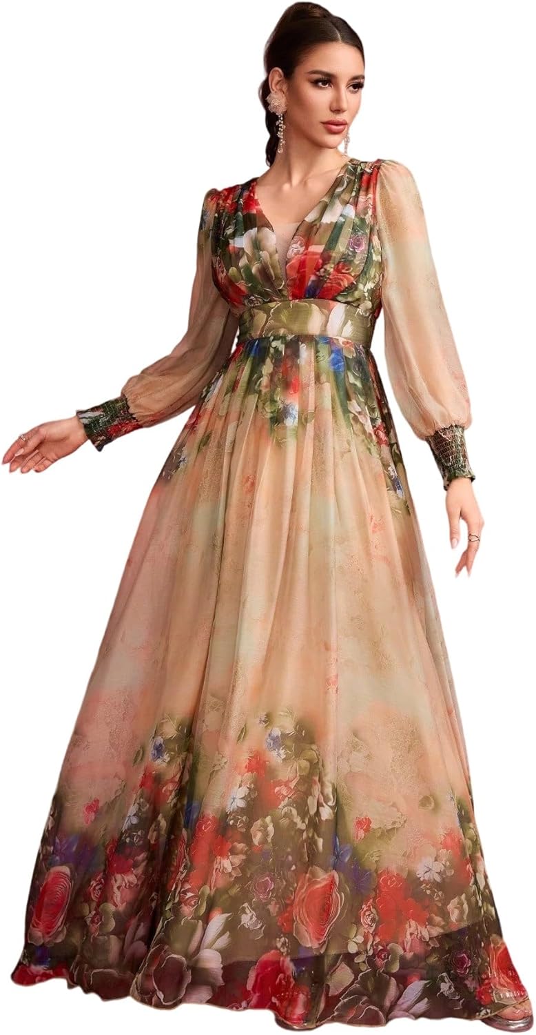 Womens Summer Dresses,Floral Patterns Vintage Elegant Cocktail Long Sleeve Boho Casual Maxi Wedding Guest Dresses for Women - Image 9