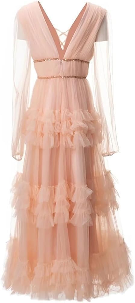 Women's V-Neck Long Sleeve Dress Mesh Spliced Cascading Lace Nail Bead Evening Gown - Image 4