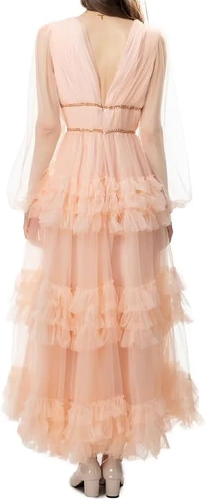 Women's V-Neck Long Sleeve Dress Mesh Spliced Cascading Lace Nail Bead Evening Gown - Image 3