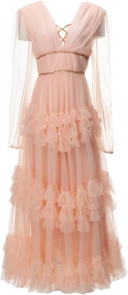 Women's V-Neck Long Sleeve Dress Mesh Spliced Cascading Lace Nail Bead Evening Gown - Image 5