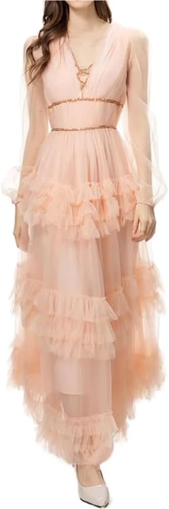 Women's V-Neck Long Sleeve Dress Mesh Spliced Cascading Lace Nail Bead Evening Gown - Image 2