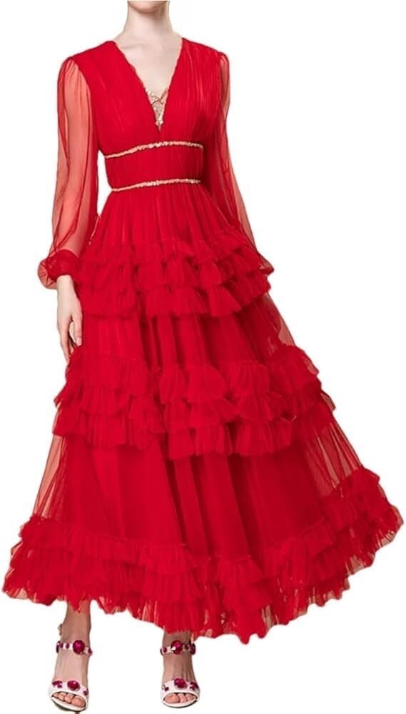 Women's V-Neck Long Sleeve Dress Mesh Spliced Cascading Lace Nail Bead Evening Gown - Image 7