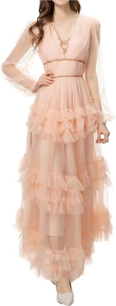 Women's V-Neck Long Sleeve Dress Mesh Spliced Cascading Lace Nail Bead Evening Gown