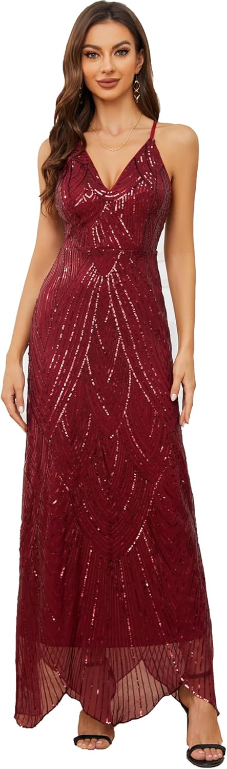 Women's V Neck Spaghetti Straps Sequin Sparkly Glitter Irregular Hem Prom Dress Bcakless Maxi Evening Gowns - Image 14