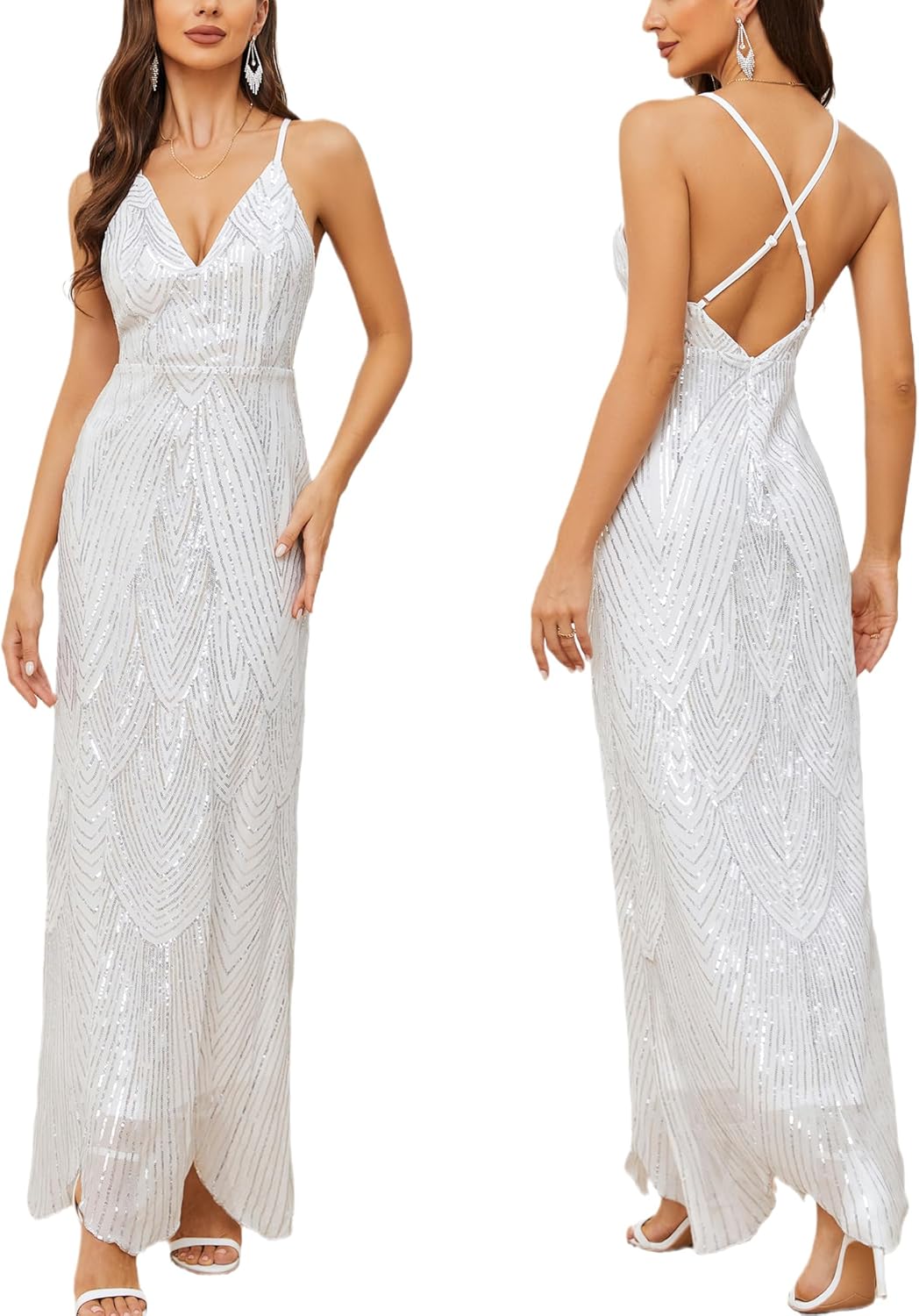 Women's V Neck Spaghetti Straps Sequin Sparkly Glitter Irregular Hem Prom Dress Bcakless Maxi Evening Gowns - Image 8