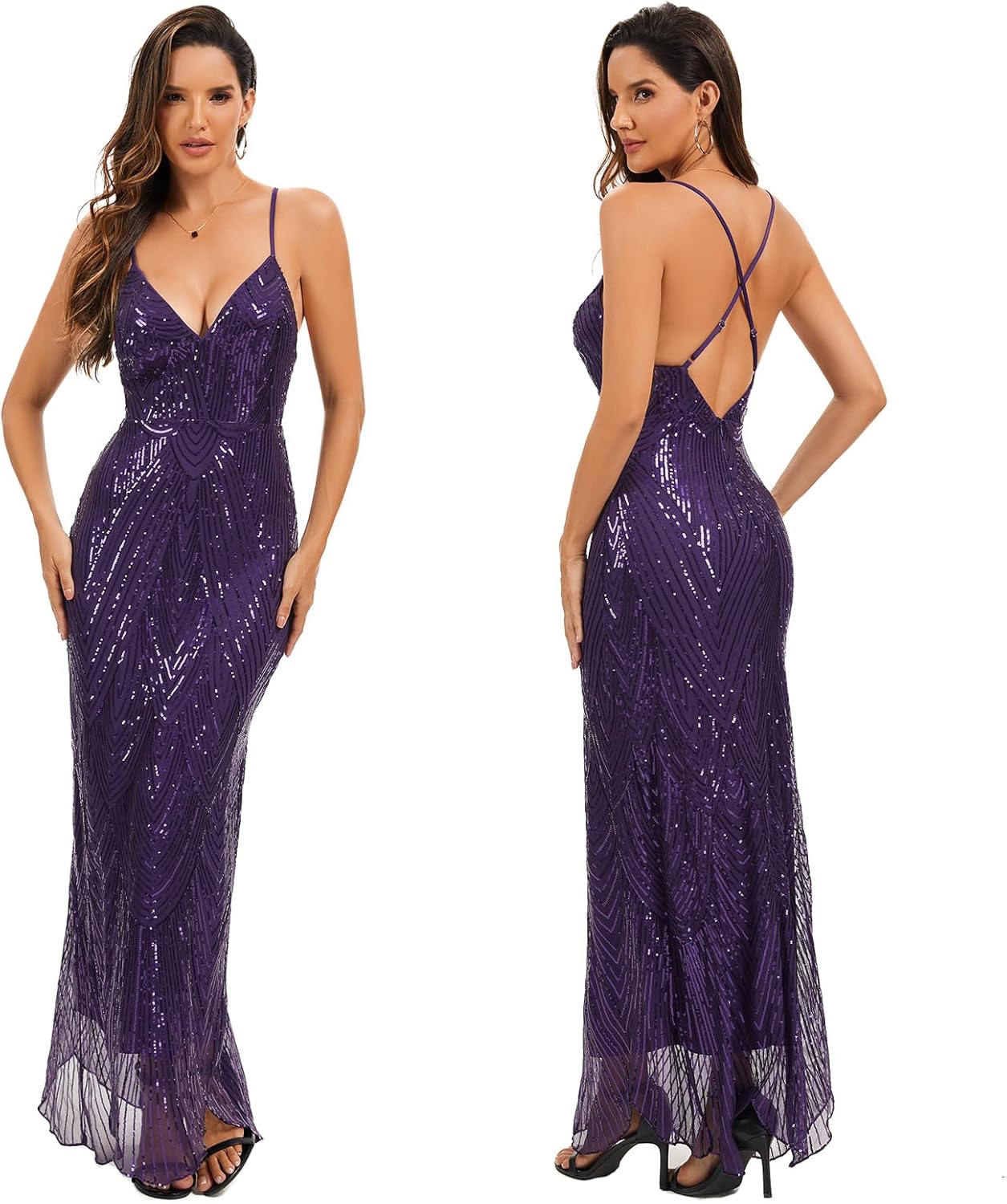 Women's V Neck Spaghetti Straps Sequin Sparkly Glitter Irregular Hem Prom Dress Bcakless Maxi Evening Gowns - Image 12