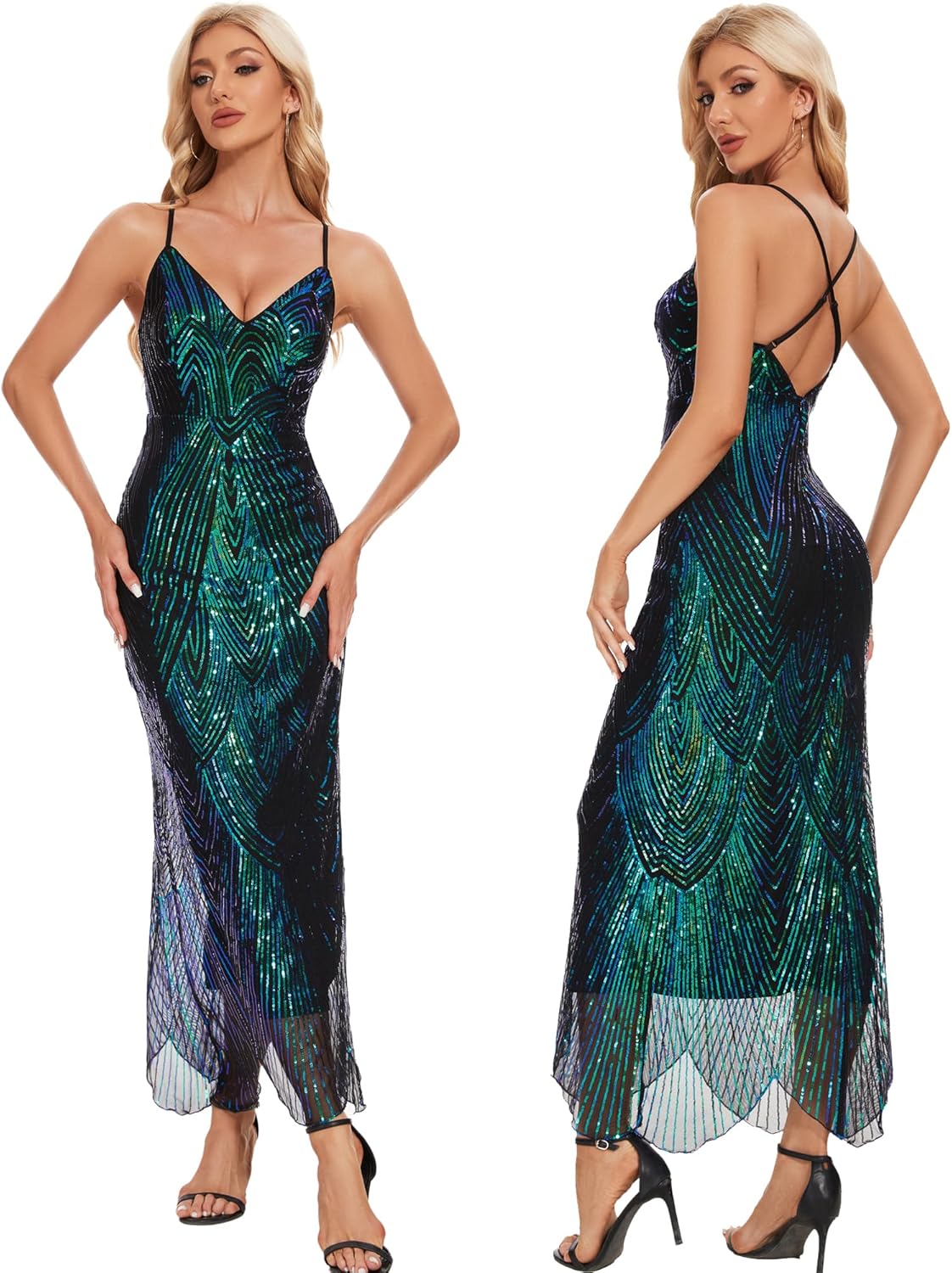 Women's V Neck Spaghetti Straps Sequin Sparkly Glitter Irregular Hem Prom Dress Bcakless Maxi Evening Gowns