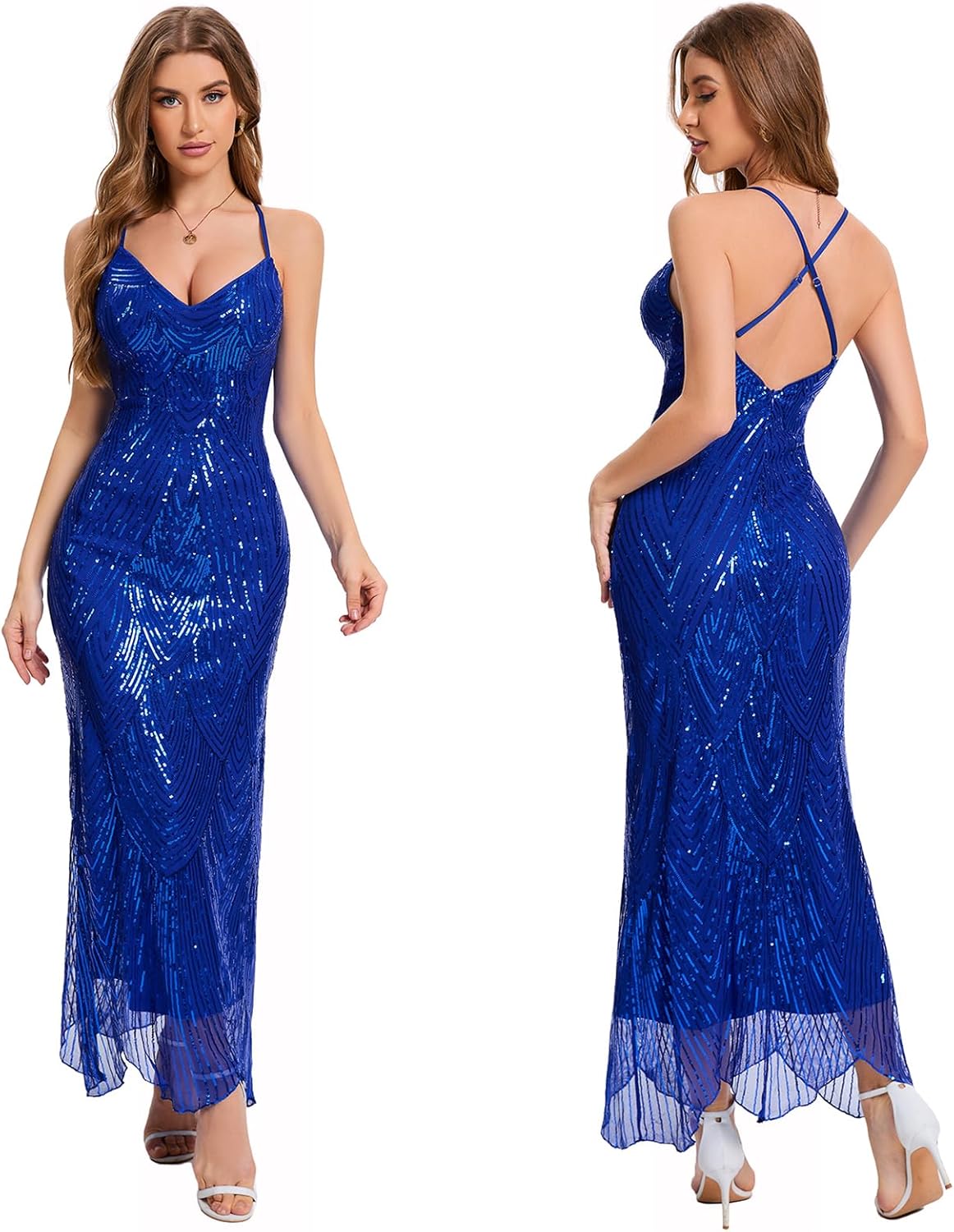 Women's V Neck Spaghetti Straps Sequin Sparkly Glitter Irregular Hem Prom Dress Bcakless Maxi Evening Gowns - Image 7
