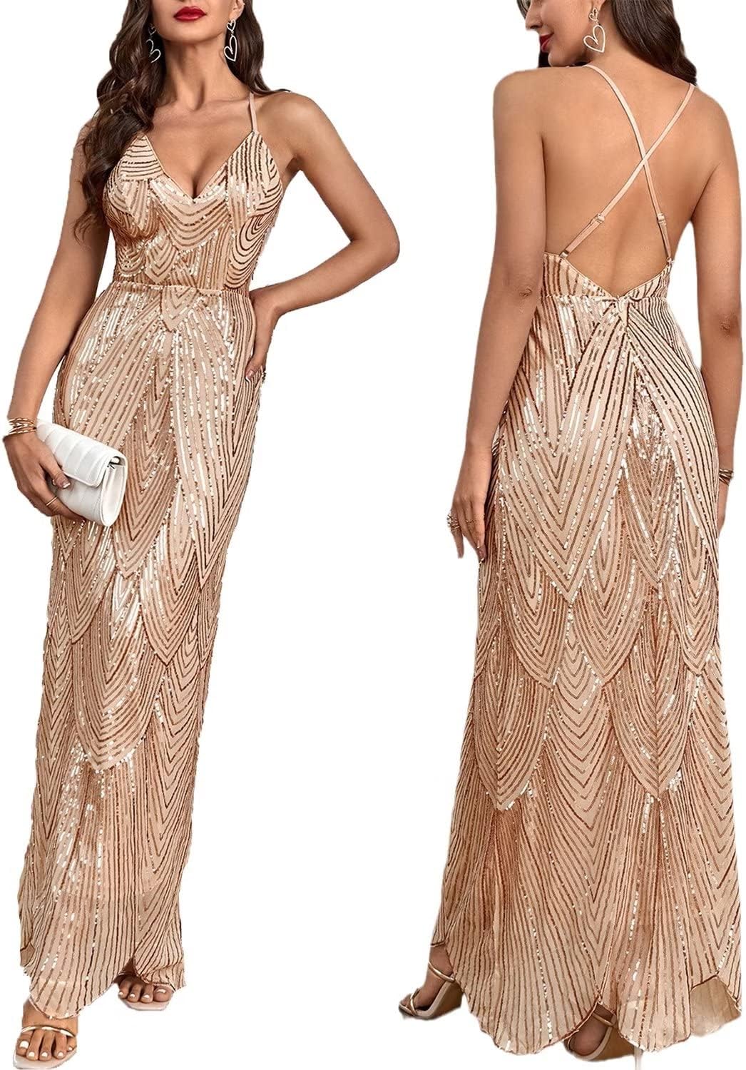 Women's V Neck Spaghetti Straps Sequin Sparkly Glitter Irregular Hem Prom Dress Bcakless Maxi Evening Gowns - Image 6