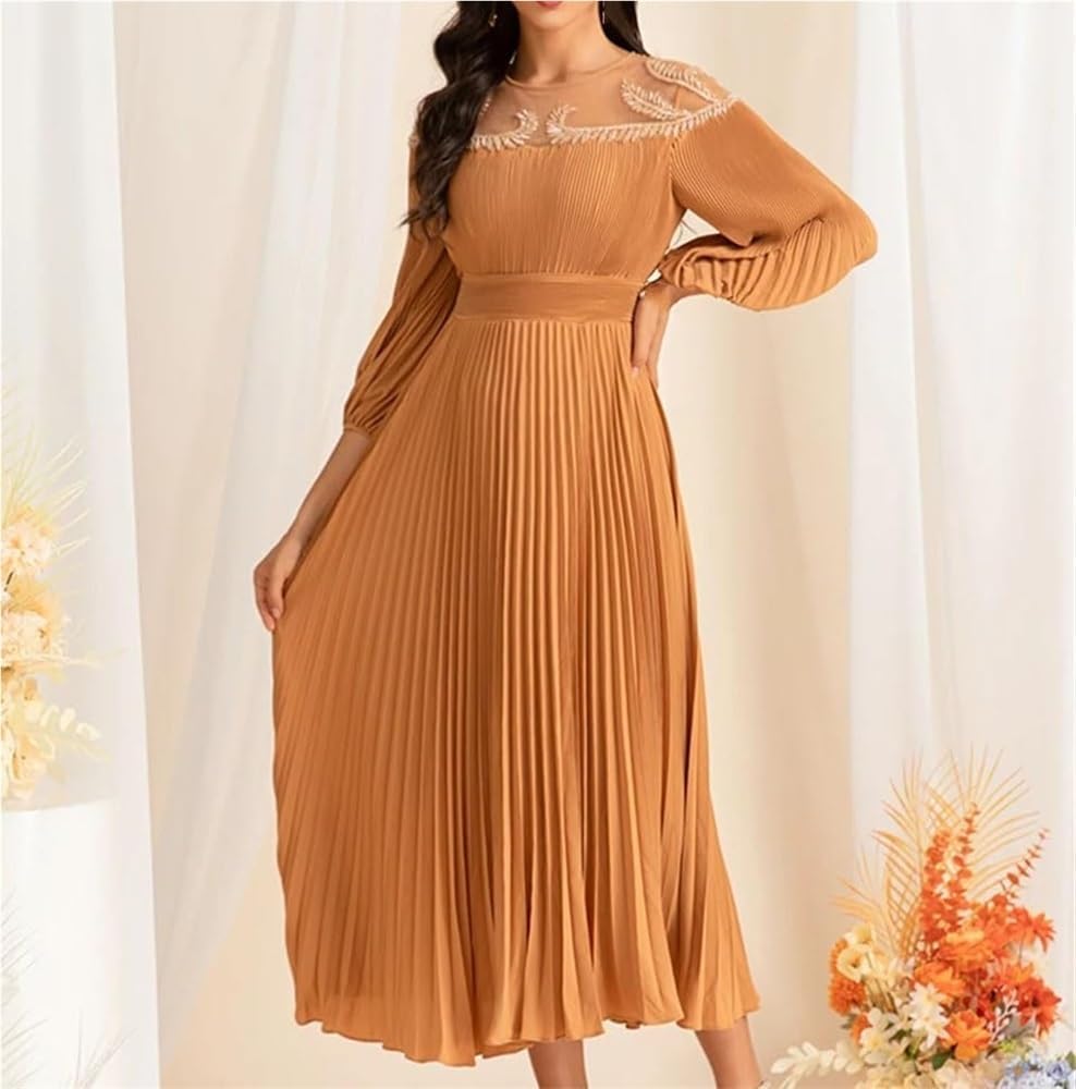 Women's Vintage High Waist Mesh Party Dress Long Sleeve O-Neck Mid-Length Bodycon Evening Dresses - Image 4