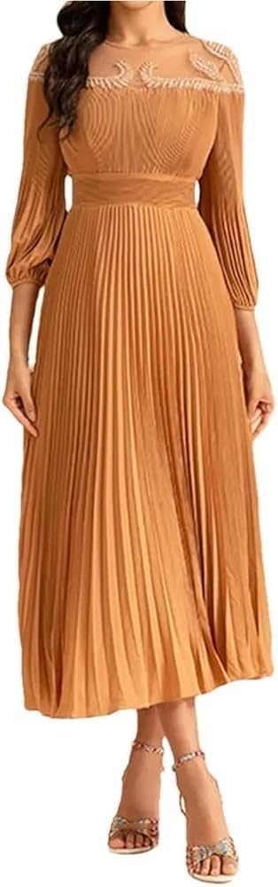 Women's Vintage High Waist Mesh Party Dress Long Sleeve O-Neck Mid-Length Bodycon Evening Dresses