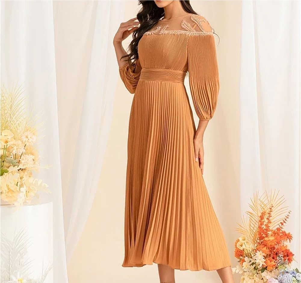 Women's Vintage High Waist Mesh Party Dress Long Sleeve O-Neck Mid-Length Bodycon Evening Dresses - Image 5
