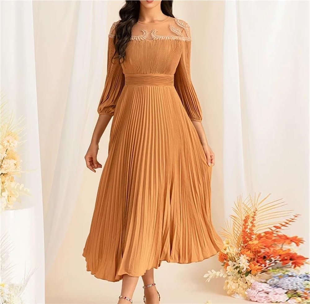 Women's Vintage High Waist Mesh Party Dress Long Sleeve O-Neck Mid-Length Bodycon Evening Dresses - Image 2